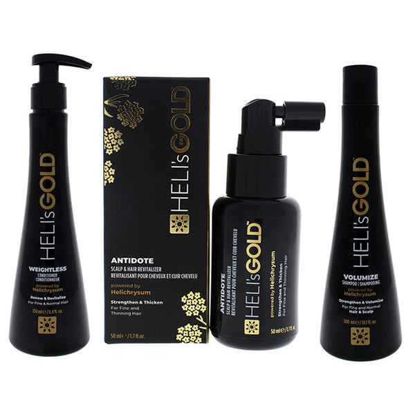 Helis Gold Volume Series Intro Kit by Helis Gold for Unisex - 3 Pc Kit 8.4oz Weightless Conditioner, 1.7oz Antidote Scalp and Hair Revitalizer, 10.1oz Volumize Shampoo