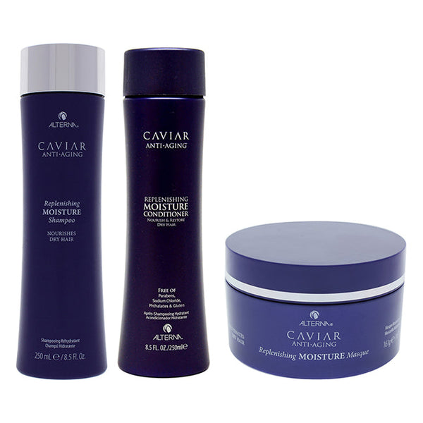 Alterna Caviar Anti Aging Replenishing Moisture Kit by Alterna for Unisex - 3 Pc Kit 8.5oz Shampoo, 8.5oz Conditioner, 5.7oz Masque