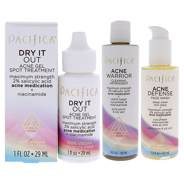 Pacifica Pacific Acne Kit by Pacifica for Unisex - 3 Pc Kit 5.8oz Acne Defense Face Was, 8oz Acne Warrior Clearing Astringent, 1oz Dry It Out Acne Gel Spot Treatment