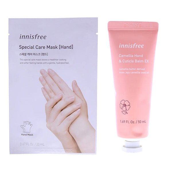 Innisfree Hand Mask and Hand and Cuticle Balm Kit by Innisfree for Unisex - 2 Pc Kit 0.67oz Special Care Hand Mask, 1.69oz Enriching Hand and Cuticle Balm - Camellia
