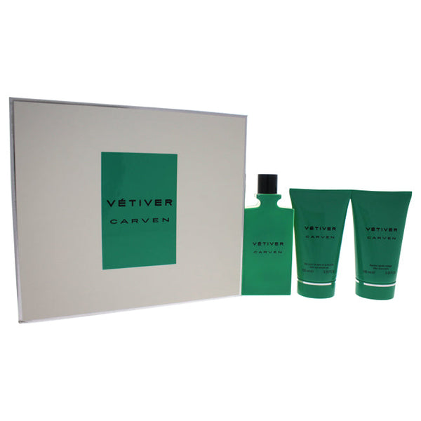 Carven Vetiver by Carven for Men - 3 Pc Gift Set 3.33oz EDT Spray, 3.33oz After Shave Balm, 3.33oz Bath and Shower Gel