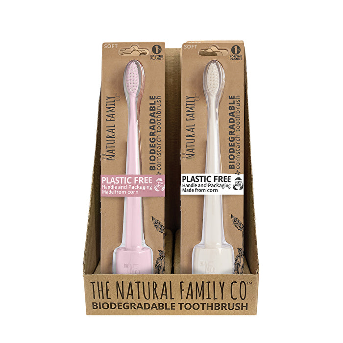 The Natural Family Co . Bio Toothbrush Pastel with Stand Mixed x 8 Display (contains: 5 Pastel Colours)