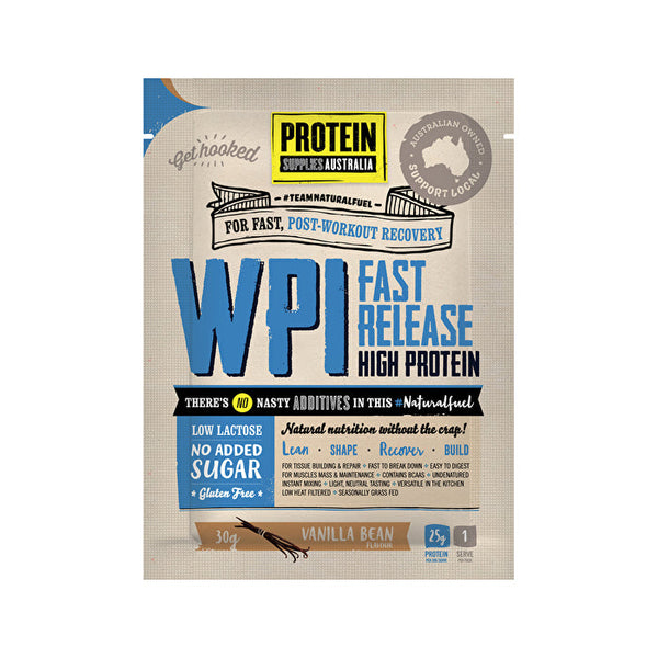 Protein Supplies Australia Protein WPI (Fast Release High Protein) Vanilla Bean Sachets 30g x 12 Display