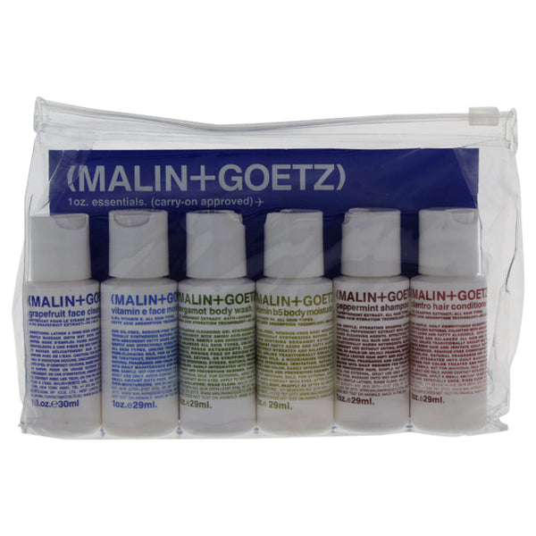 Malin + Goetz Essential Starter Kit by Malin + Goetz for Unisex - 6 x 1 oz Grapefruit Face Cleanser, Vitamin E Face Moisturizer, Bergamot Body Wash, Vitamin B5 Body Moisturizer, Peppermint Shampoo, Cilantro Hair Conditioner