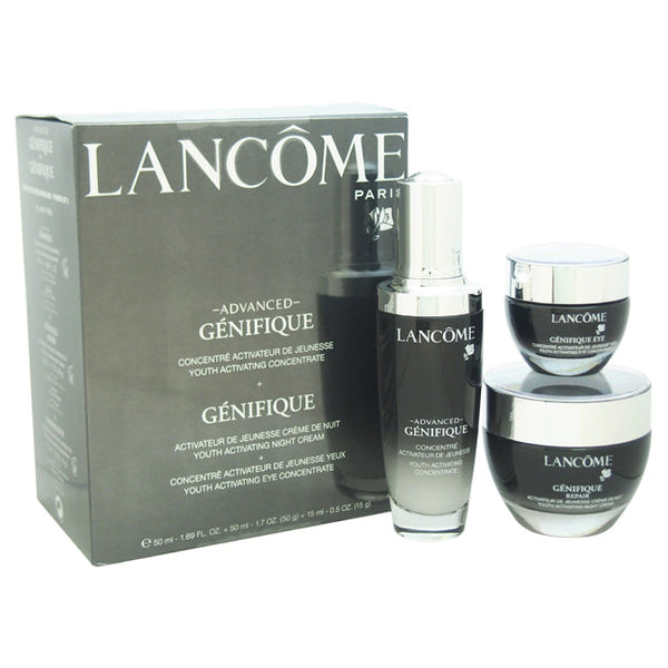 Lancome Advanced Genifique Youth Activating Skin Care Power of 3 - All Skin Types by Lancome for Unisex - 3 Pc Set 1.69oz Advanced Genifique Youth Activating Concentrate, 1.7oz Genifique Repair Youth Activating Night Cream, 0.5oz Genifique Eye Youth Activ