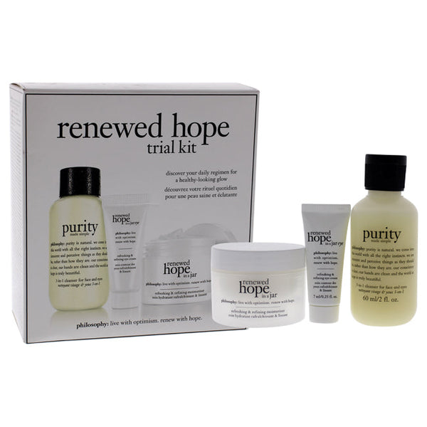 Philosophy Renewed Hope Trail Kit by Philosophy for Unisex - 3 Pc Kit 2oz Purity Made Simple 3-in-1 Cleanser, 0.25oz Renewed Hope In A Jar Eye Cream, 1oz Renewed Hope In A Jar Refreshing Moisturizer