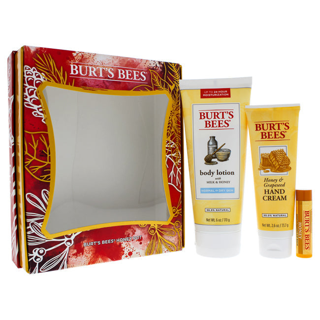 Burt's Bees Honey Pot Set by Burts Bees for Unisex - 3 Pc Set 6oz Body Lotion With Milk Honey, 2.6oz Honey Grapeseed Hand Cream, 0.15oz Honey Lip Balm With Vitamin E