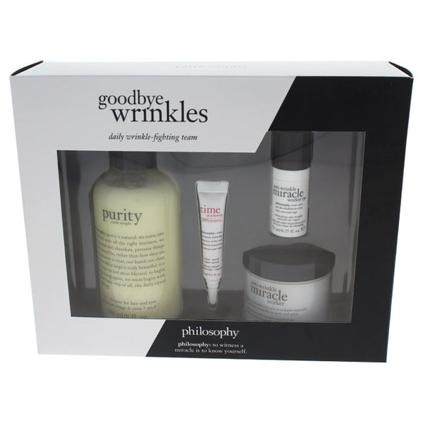 Philosophy Goodbye Wrinkles Set by Philosophy for Unisex - 4 Pc Set 8oz Purity Made Simple, 2oz Anti-wrinkle Miracle Worker, 0.25oz Anti-wrinkle Miracle Worker Eye, 1oz Time In A Bottle 100% In-control