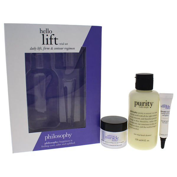 Philosophy Hello Lift Trial Set by Philosophy for Unisex - 3 Pc Set 4oz Purity Made Simple, 0.5oz Uplifting Miracle Worker, 0.1oz Uplifting Miracle Worker Eye
