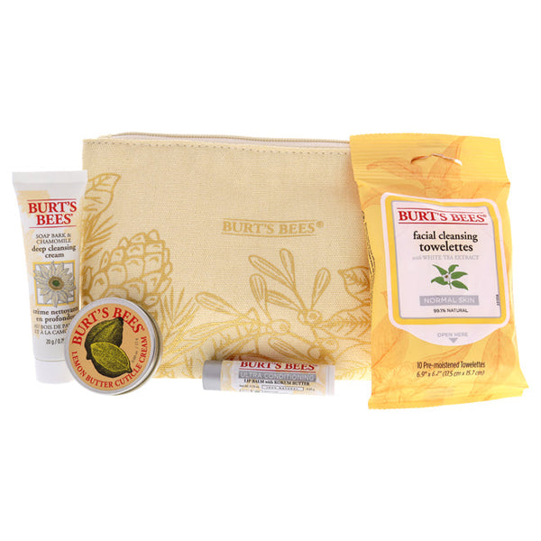Burts Bees Essential Travel Kit by Burts Bees for Unisex - 4 Pc 10 Pc Facial Cleansing Towelettes, 0.75oz Soap Bark and Chamomile Deep Cleansing Cream, 0.15oz Ultra Conditioning Lip Balm with Kokum Butter, 0.60oz Lemon Butter Cuticle Cream