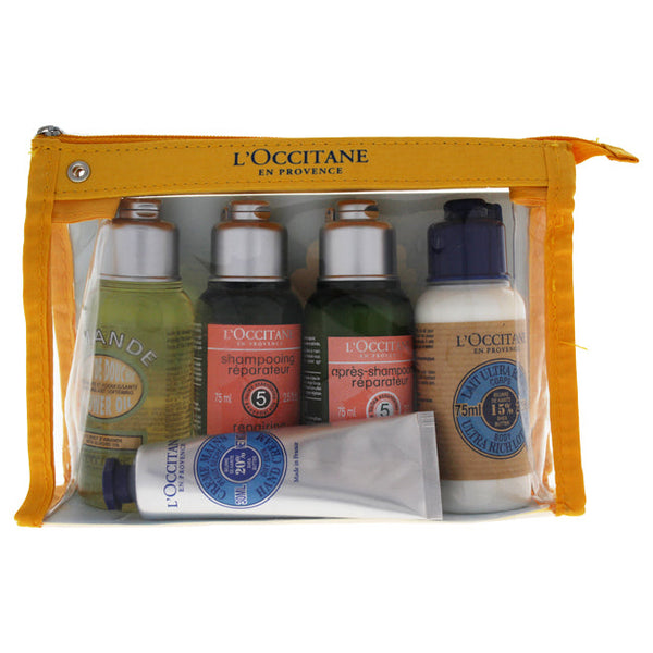 LOccitane En Provence Travel Set by LOccitane for Unisex - 5 Pc Set 2.5oz Shower Oil Cleansing and Softening, 2.5oz Dry And Damaged Hair Shampoo, 2.5oz Conditioner Dry And Damaged Hair, 2.5oz Shea Butter Ultra Rich Body Lotion, 1oz Shea Dry Skin Hand Crea