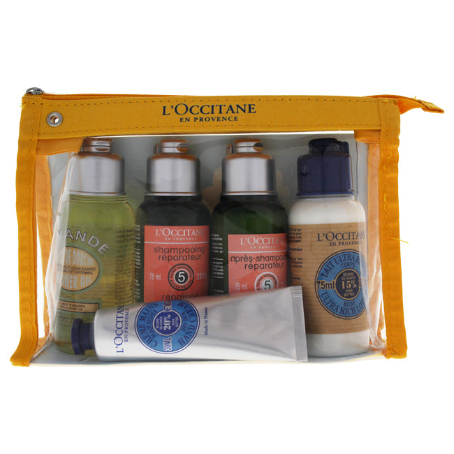 LOccitane En Provence Travel Set by LOccitane for Unisex - 5 Pc Set 2.5oz Shower Oil Cleansing and Softening, 2.5oz Dry And Damaged Hair Shampoo, 2.5oz Conditioner Dry And Damaged Hair, 2.5oz Shea Butter Ultra Rich Body Lotion, 1oz Shea Dry Skin Hand Crea