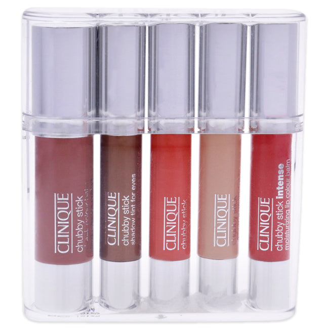 Clinique Chubby Sticks For Cheeks, Eyes & Lips Set by Clinique for Women - 5 Pc Set 0.10oz Chubby Stick Shadow Tint For Eyes - Bountiful Beige (01), 0.10oz Chubby Stick Shadow Tint For Eyes - Fuller Fudge (03), 0.10oz Chubby Stick Intense Moisturizing Lip