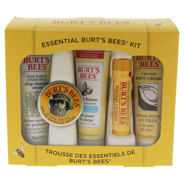 Burt's Bees Essential Burts Bees Kit by Burts Bees for Women - 5 Pc Kit 1oz Body Lotion with Milk & Honey, 0.3oz Hand Salve, 0.75oz Soap Bark & Chamomile Deep Cleansing Cream, 0.75oz Coconut Foot Cream, 0.15oz Beeswax Lip Balm with Vitamin E & Peppermint