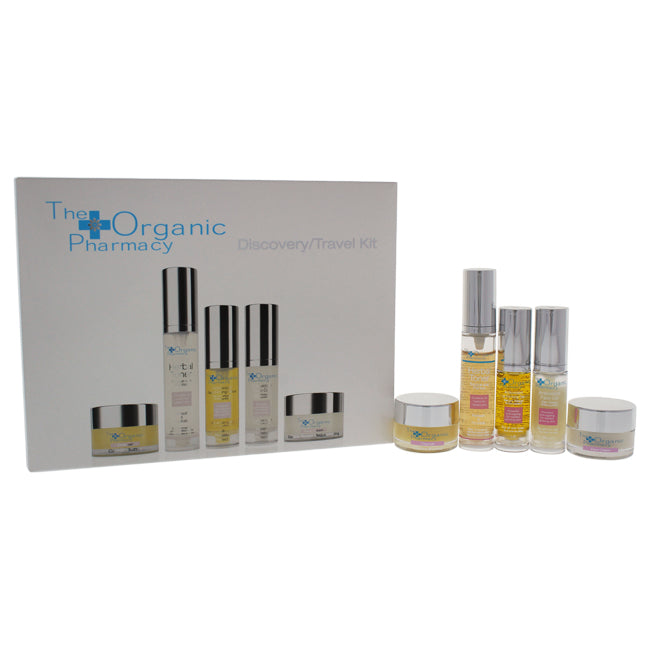 The Organic Pharmacy Discovery Travel Kit by The Organic Pharmacy for Women - 6 Pc Kit 0.3oz Carrot Butter Cleanser, 0.3oz Herbal Toner, 0.1oz Antioxidant Face Firming Serum, 0.1oz Antioxidant Face Gel, 0.3oz Double Rose Rejuvenating Face Cream, Organic M